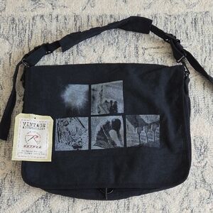NIN Black Canvas Messenger Bag with Graphic Design